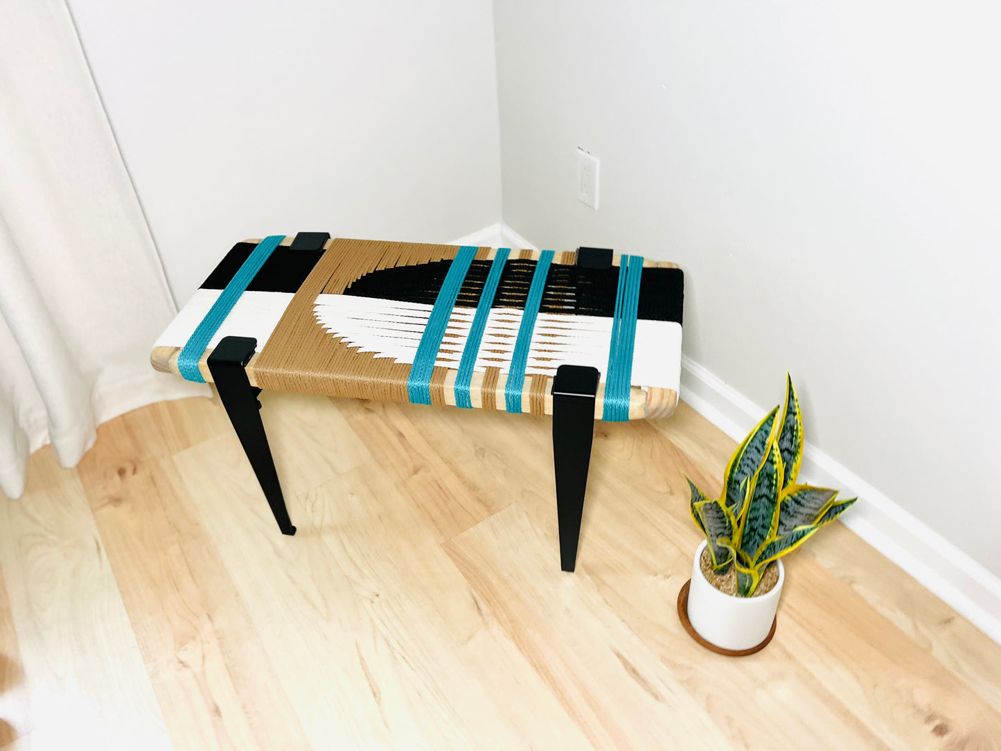 Mid Century Bench | Custom Size Woven Entryway Seating With Matte Black Legs