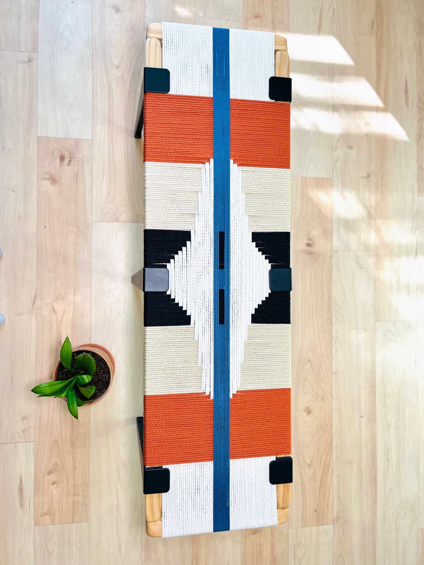 Mid Century Bench | Custom Size Woven Entryway Seating With Matte Black Legs