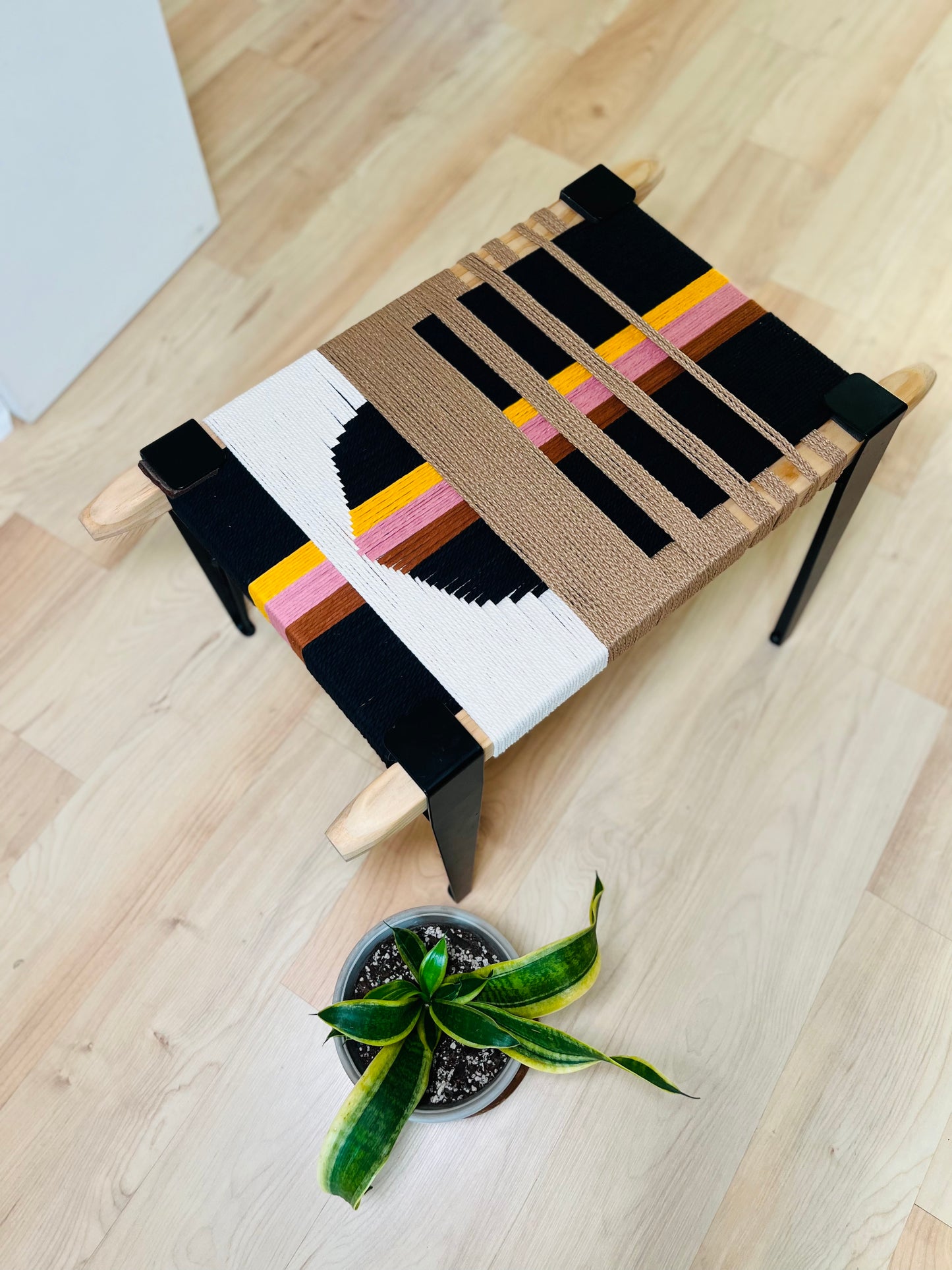 Mid Century Bench | Custom Size Woven Entryway Seating With Matte Black Legs