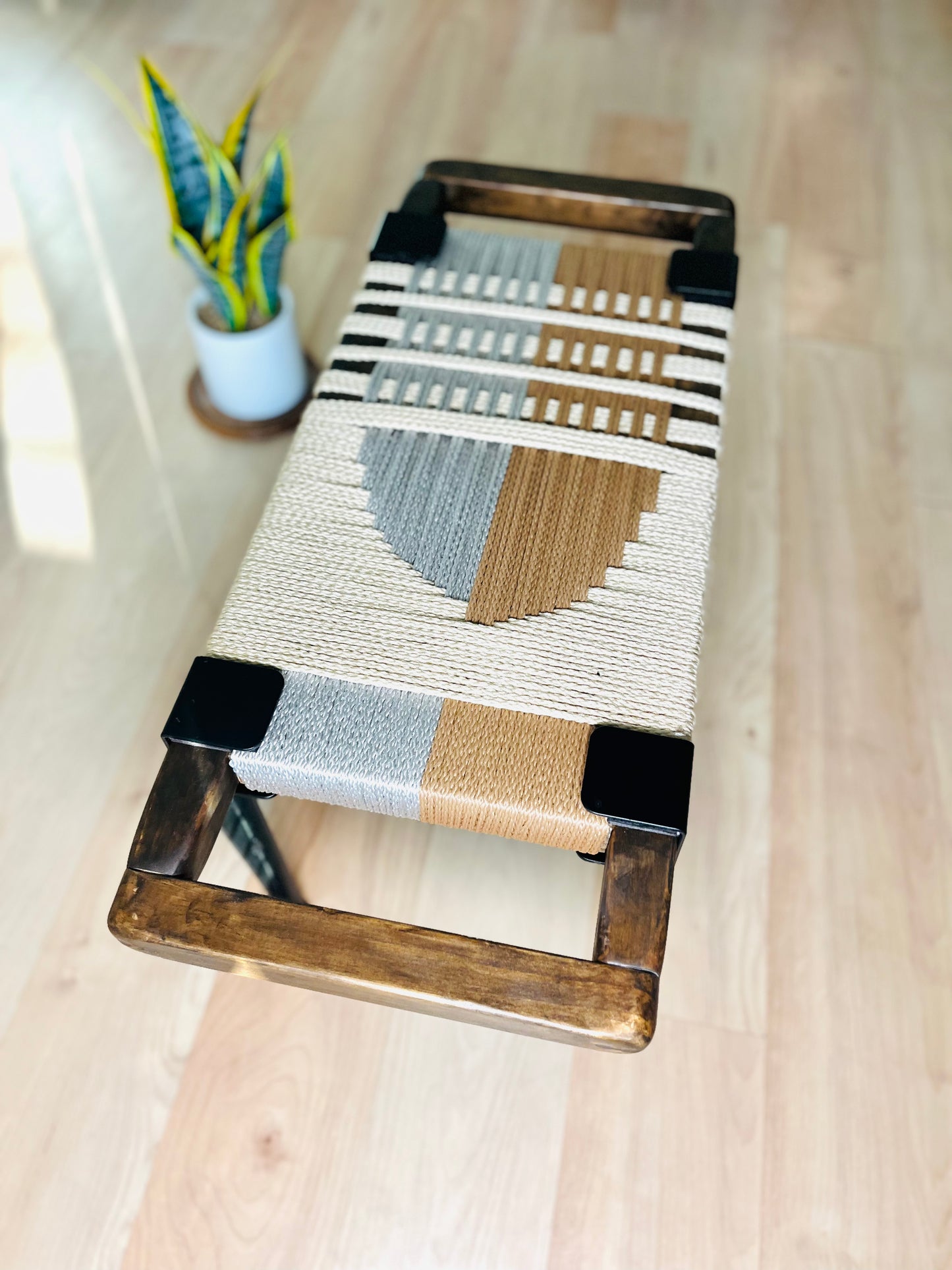 Mid Century Bench | Custom Size Woven Entryway Seating With Matte Black Legs