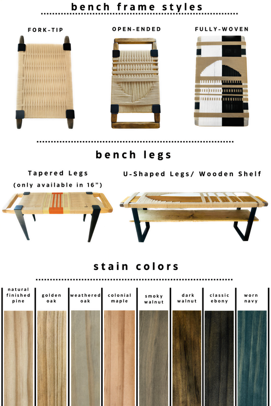 various bench frame styles, including a fork-tip bench, an open-ended bench, and a fully-woven bench. The bench legs are taped, and the bench legs are U-shaped. The bench legs are available in different stain colors, such as natural finished pine, golden oak, colonial maple, smoky walnut, dark walnut, classic oak, and ornate navy.