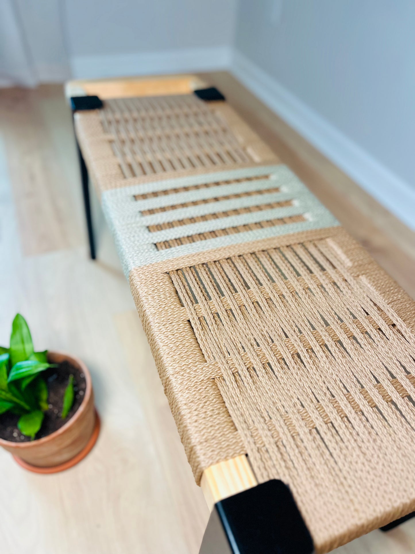 Mid Century Bench | Custom Size Woven Entryway Seating With Matte Black Legs