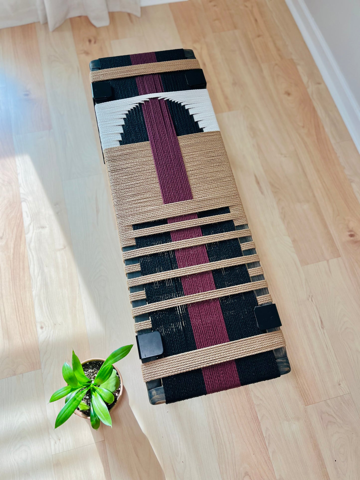 Mid Century Bench | Custom Size Woven Entryway Seating With Matte Black Legs