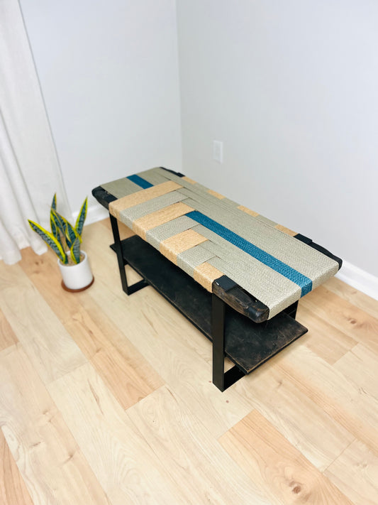 Mid Century Bench | Custom Size Woven Entryway Seating With Matte Black Legs