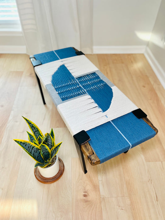 Mid Century Bench | Custom Size Woven Entryway Seating With Matte Black Legs