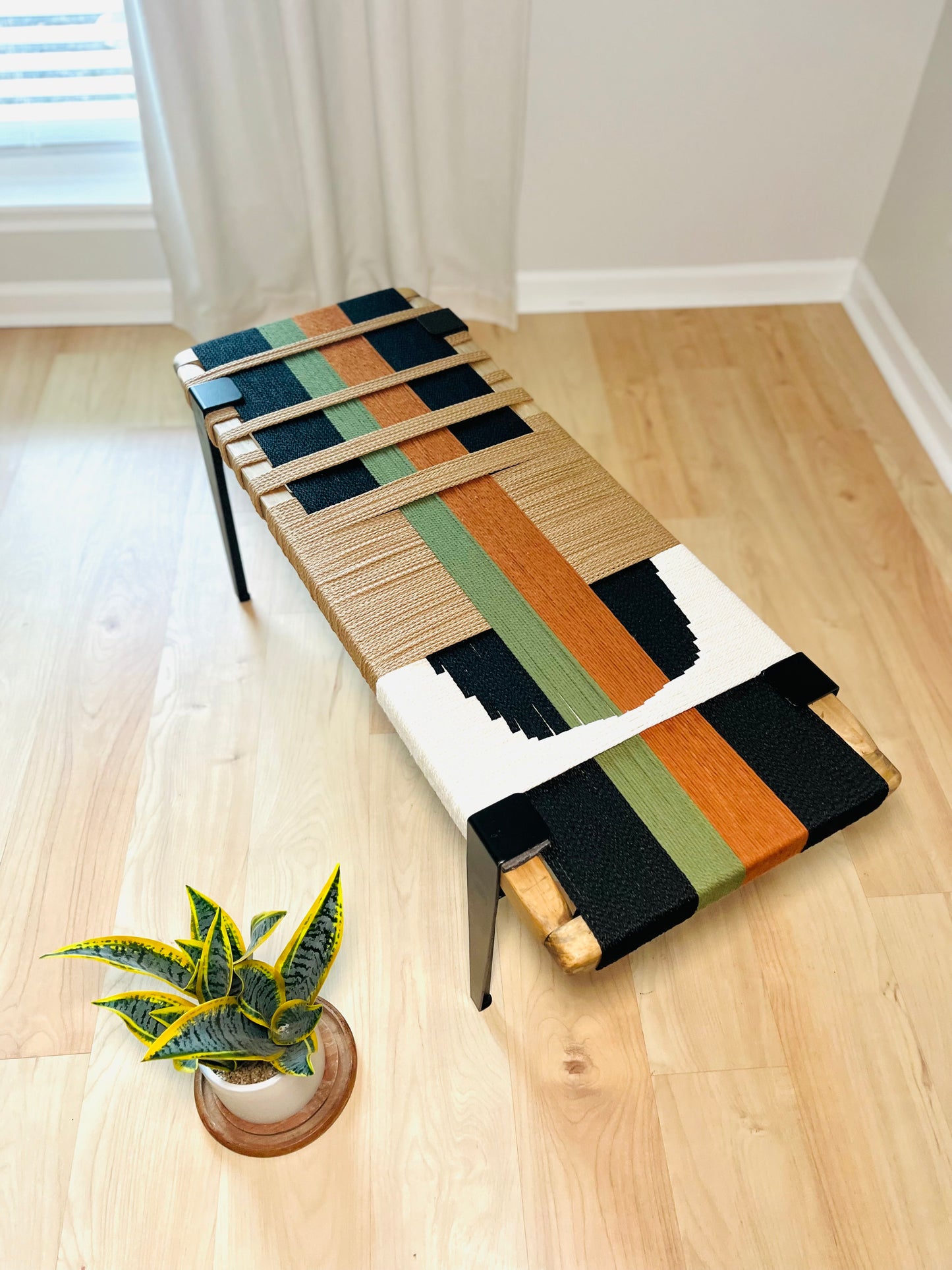 Mid Century Bench | Custom Size Woven Entryway Seating With Matte Black Legs
