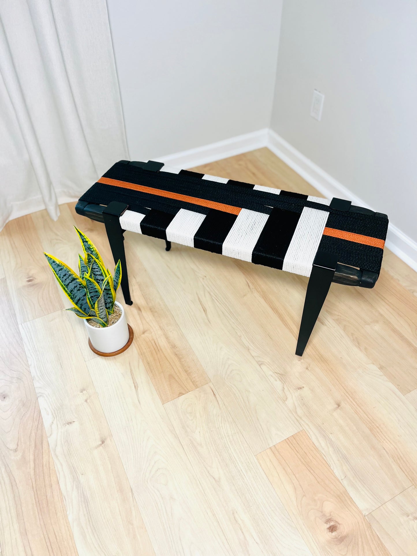 Mid Century Bench | Custom Size Woven Entryway Seating With Matte Black Legs