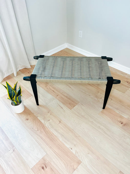 Mid Century Bench | Custom Size Woven Entryway Seating With Matte Black Legs