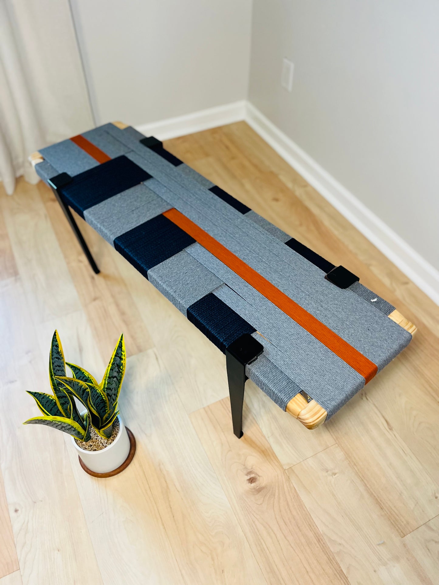 Mid Century Bench | Custom Size Woven Entryway Seating With Matte Black Legs