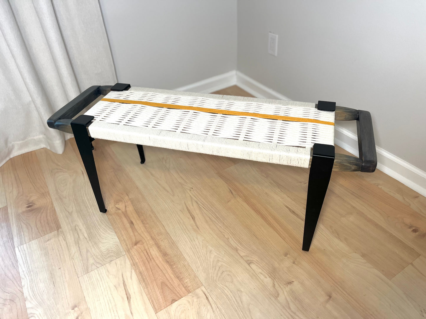 Mid Century Bench | Custom Size Woven Entryway Seating With Matte Black Legs