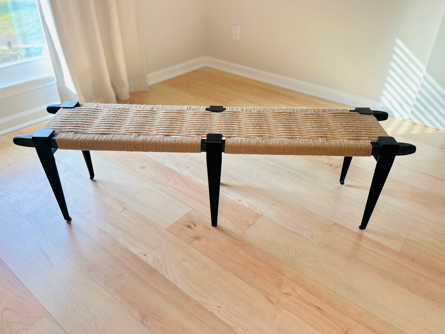 Mid Century Bench | Custom Size Woven Entryway Seating With Matte Black Legs
