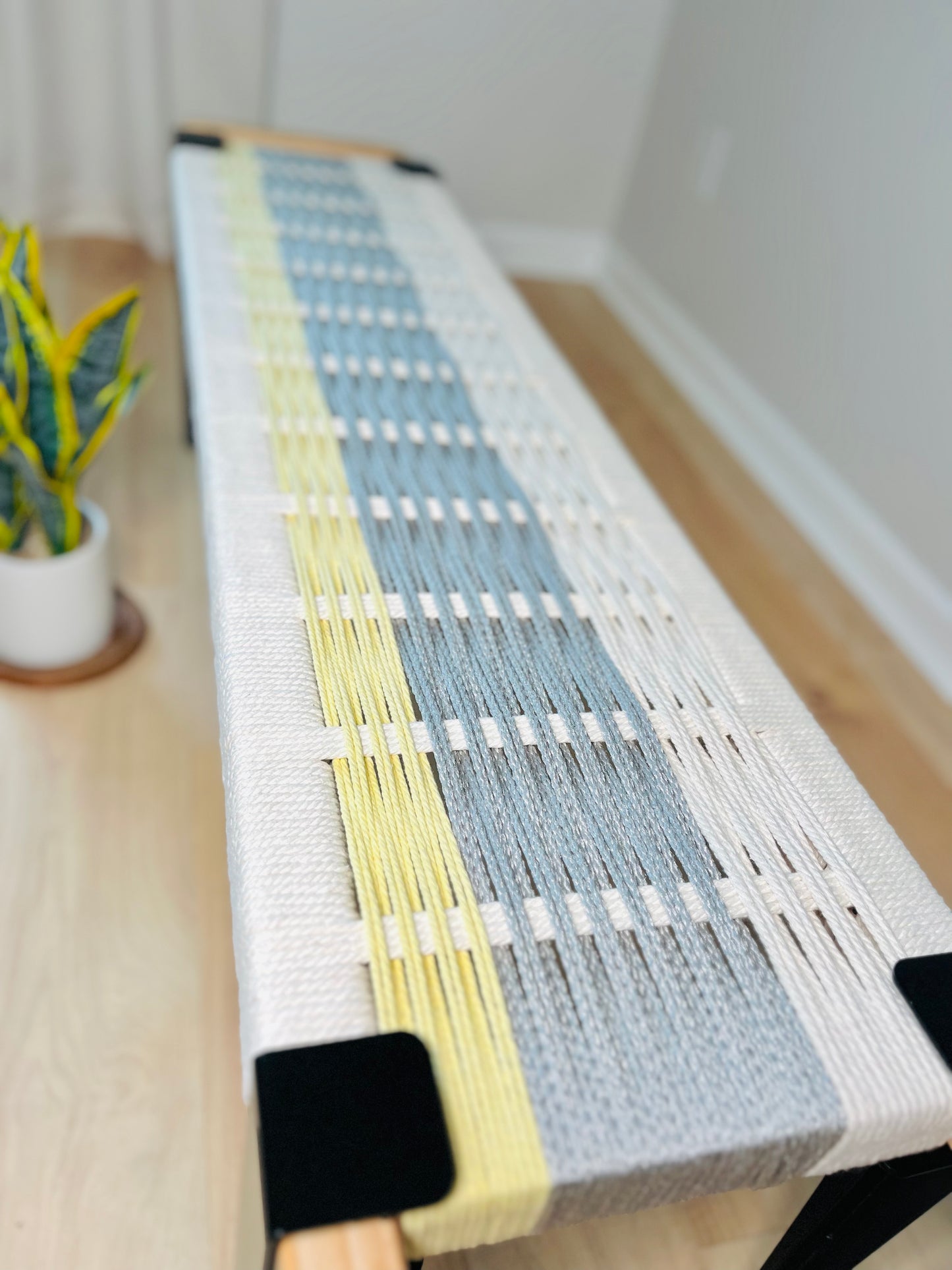 Mid Century Bench | Custom Size Woven Entryway Seating With Matte Black Legs
