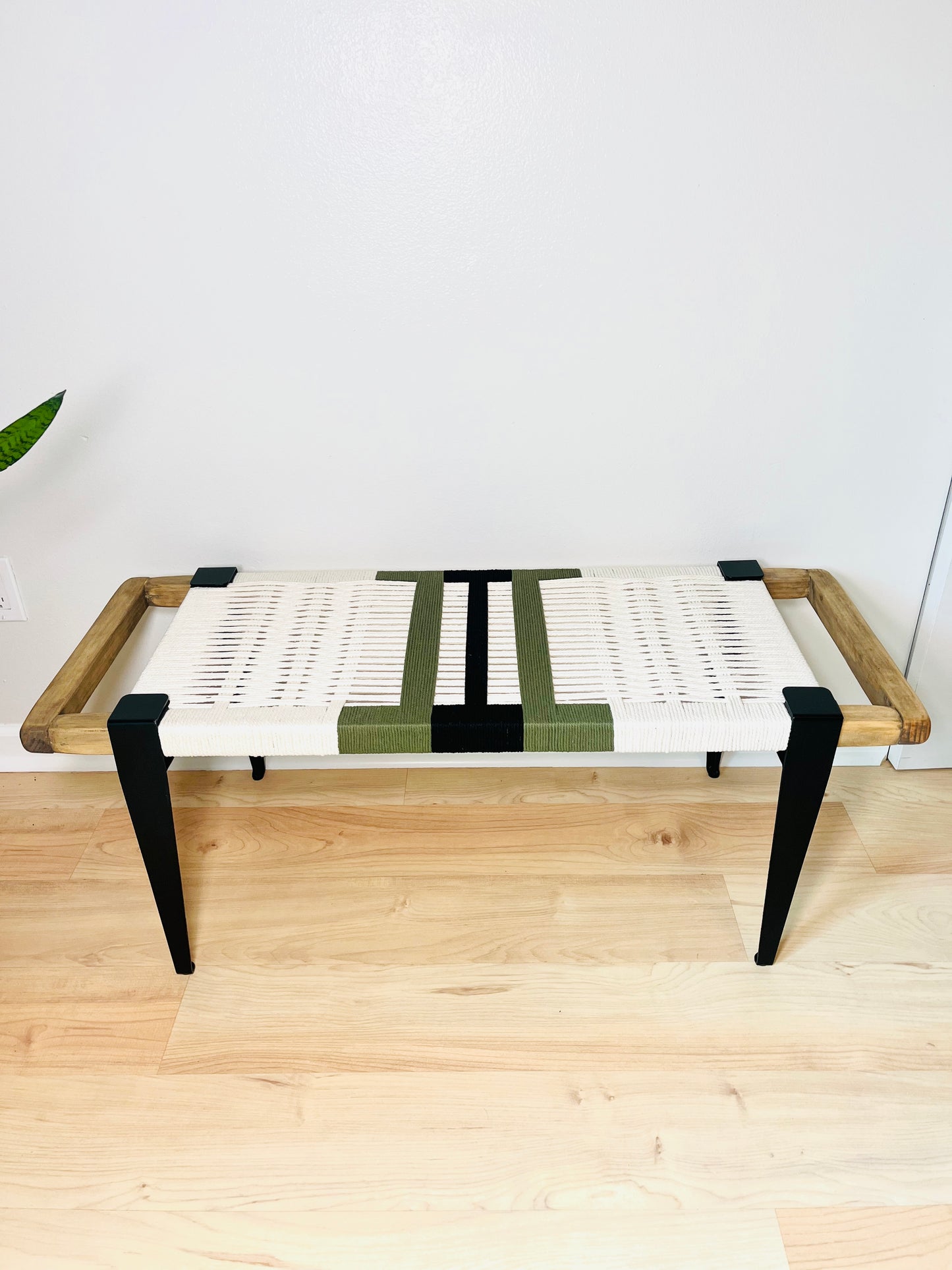 Mid Century Bench | Custom Size Woven Entryway Seating With Matte Black Legs