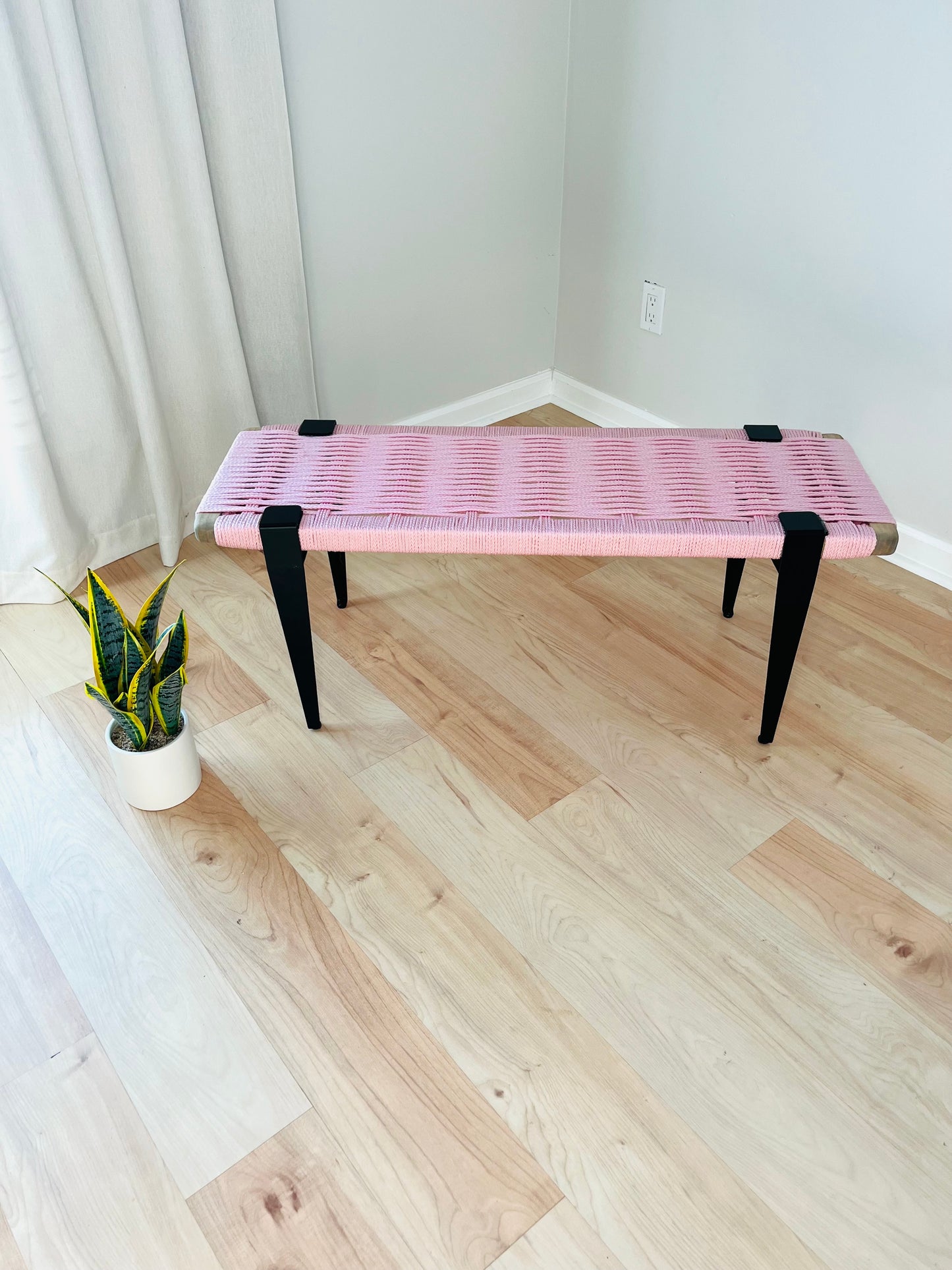Mid Century Bench | Custom Size Woven Entryway Seating With Matte Black Legs