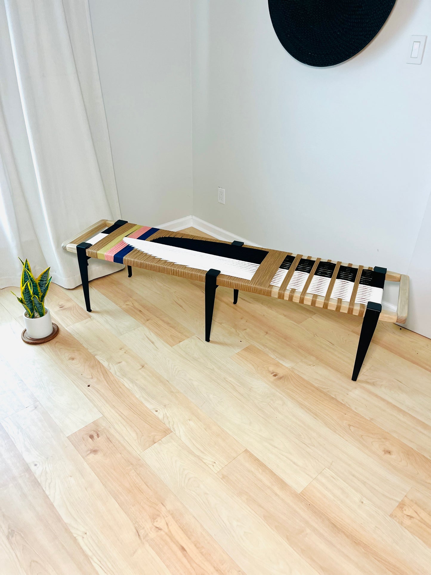 Mid Century Bench | Custom Size Woven Entryway Seating With Matte Black Legs