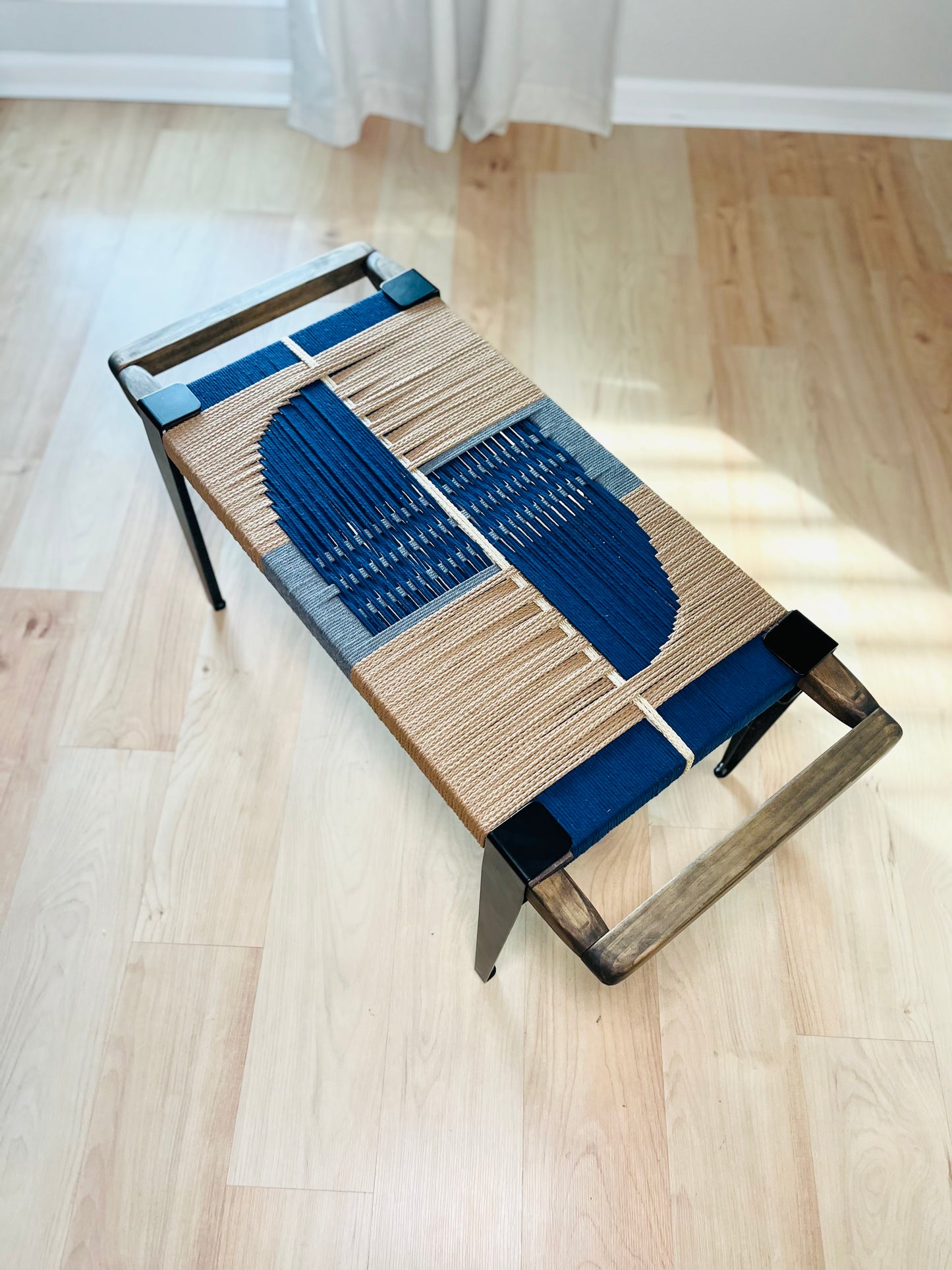 Mid Century Bench | Custom Size Woven Entryway Seating With Matte Black Legs