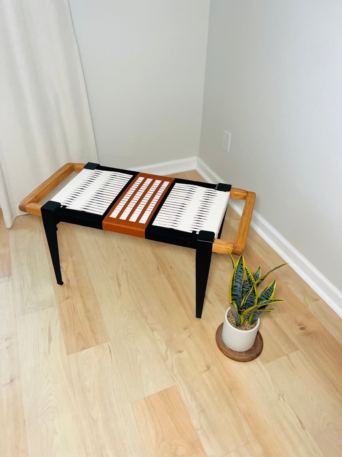 Mid Century Bench | Custom Size Woven Entryway Seating With Matte Black Legs