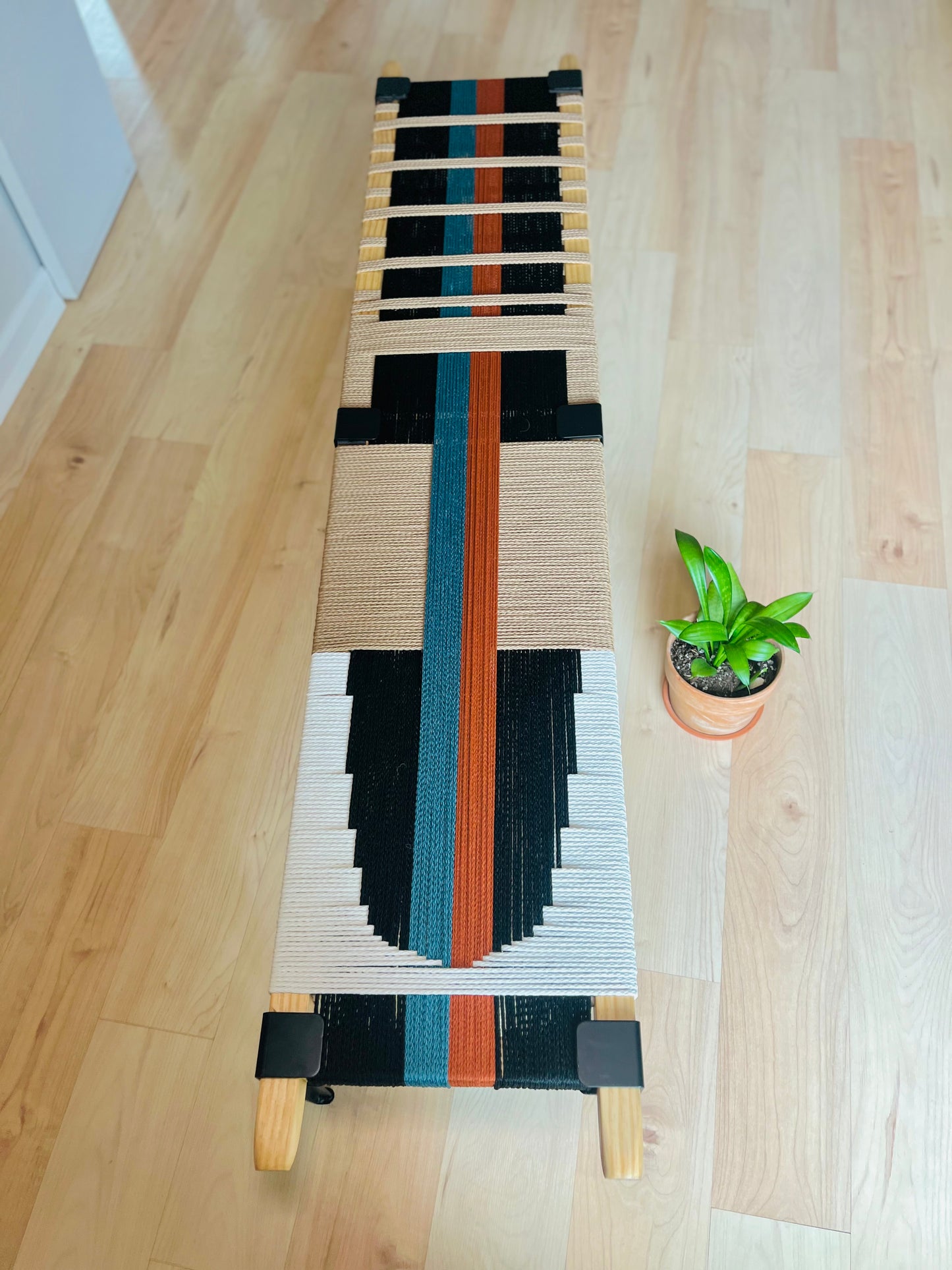 Mid Century Bench | Custom Size Woven Entryway Seating With Matte Black Legs