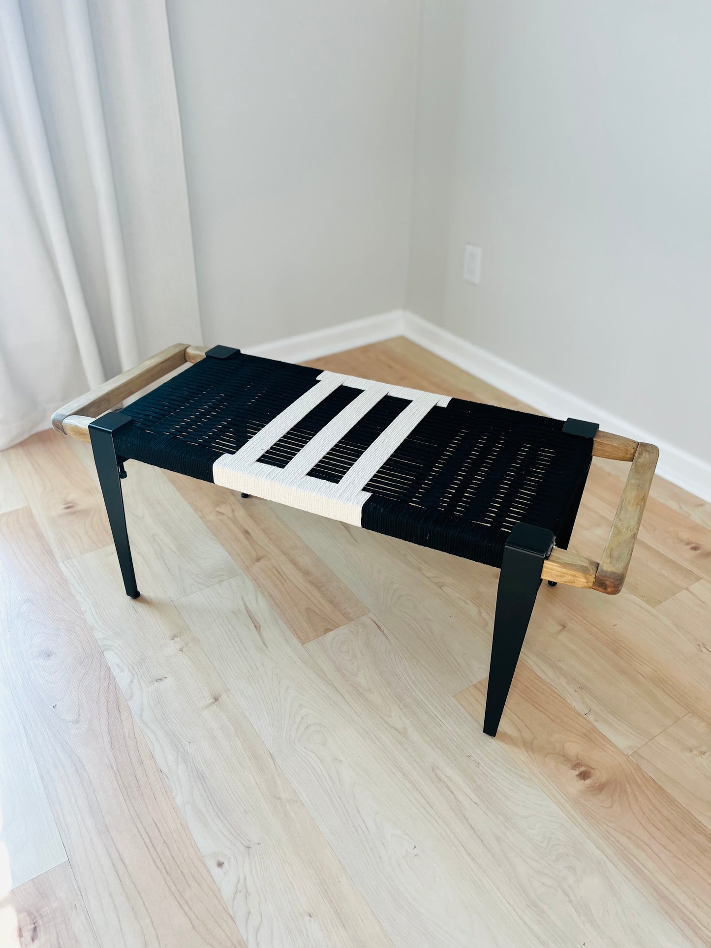 Mid Century Bench | Custom Size Woven Entryway Seating With Matte Black Legs