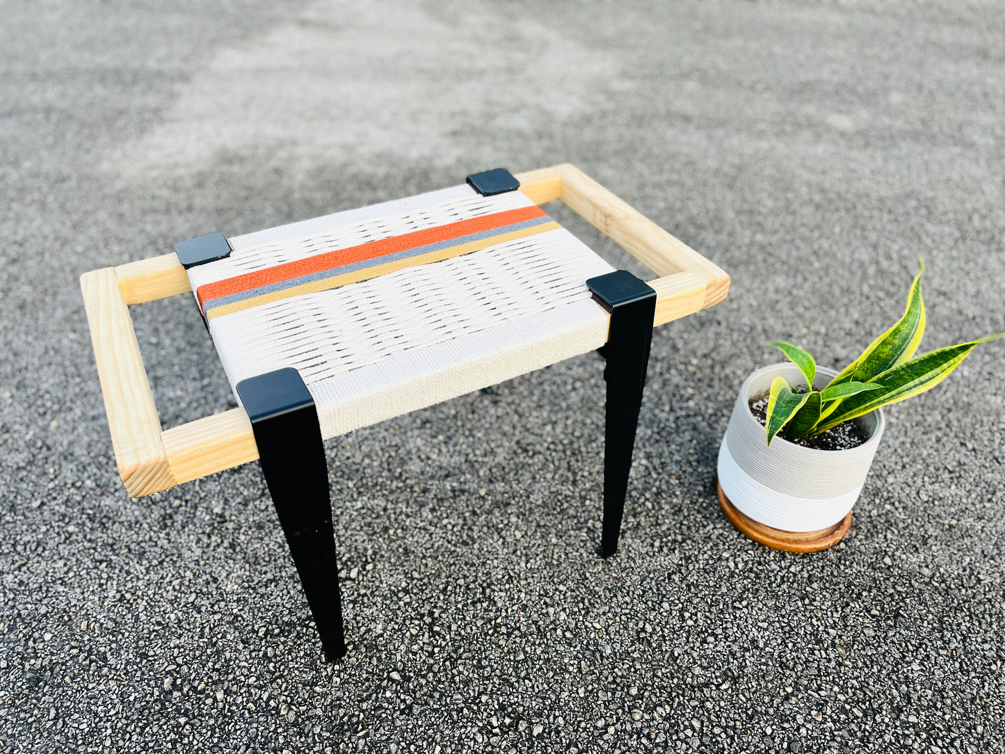 Mid Century Bench | Custom Size Woven Entryway Seating With Matte Black Legs