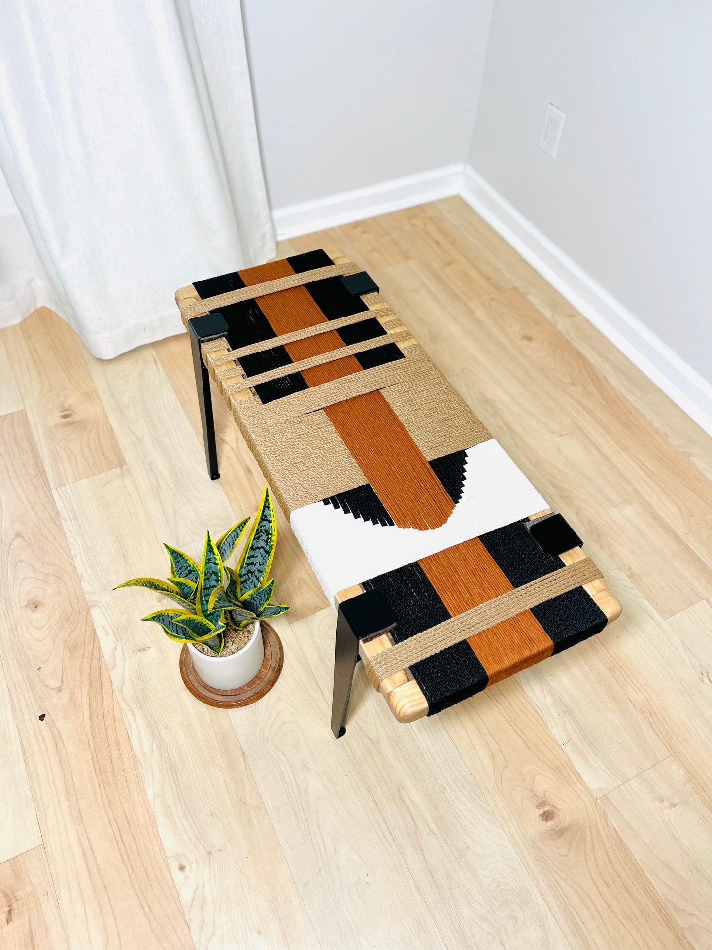 Mid Century Bench | Custom Size Woven Entryway Seating With Matte Black Legs
