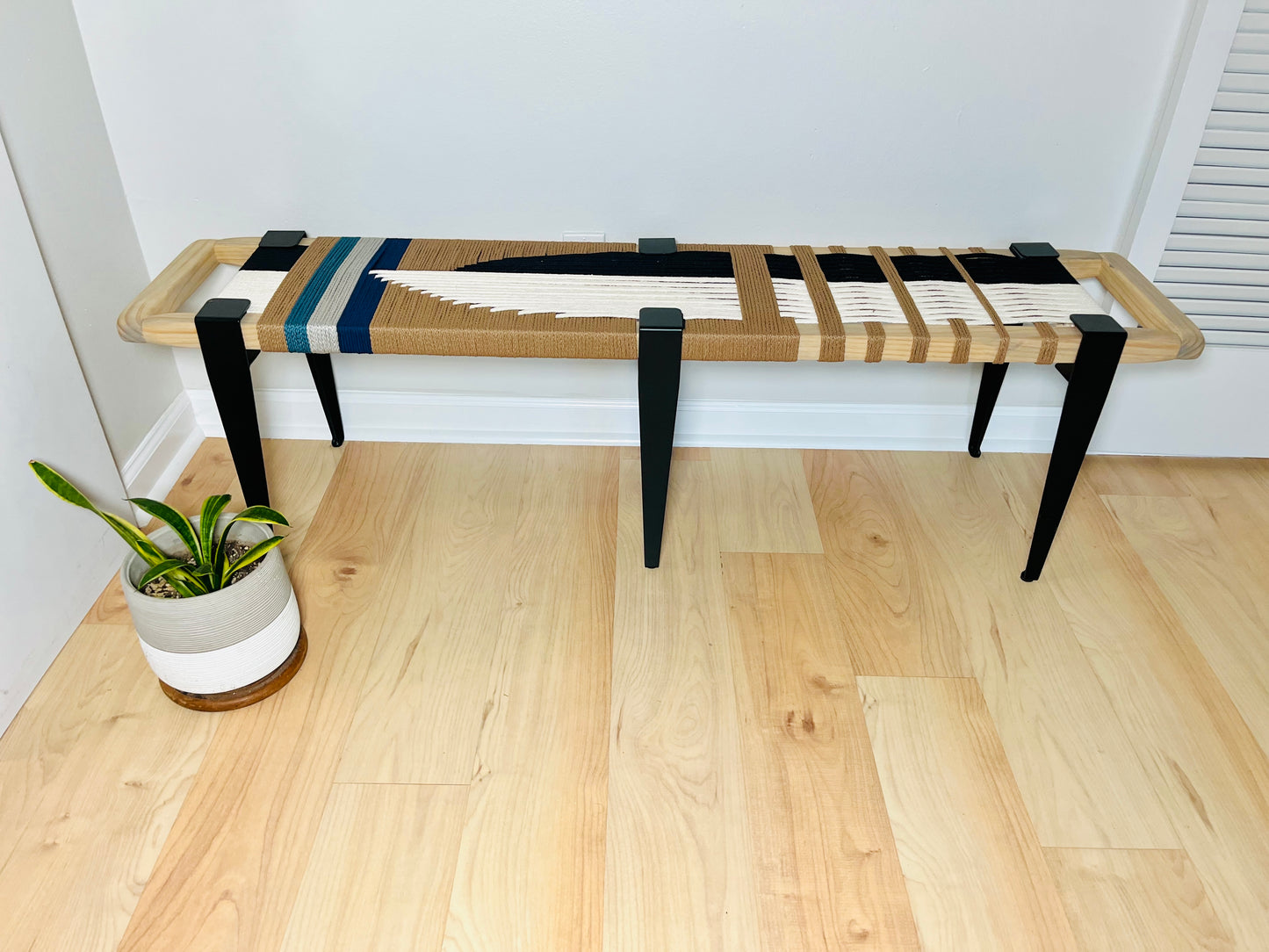 Mid Century Bench | Custom Size Woven Entryway Seating With Matte Black Legs