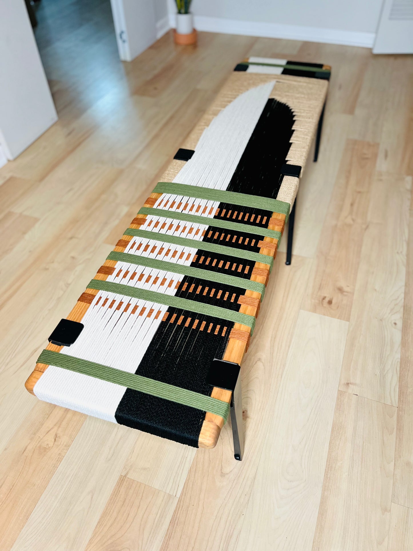 Mid Century Bench | Custom Size Woven Entryway Seating With Matte Black Legs
