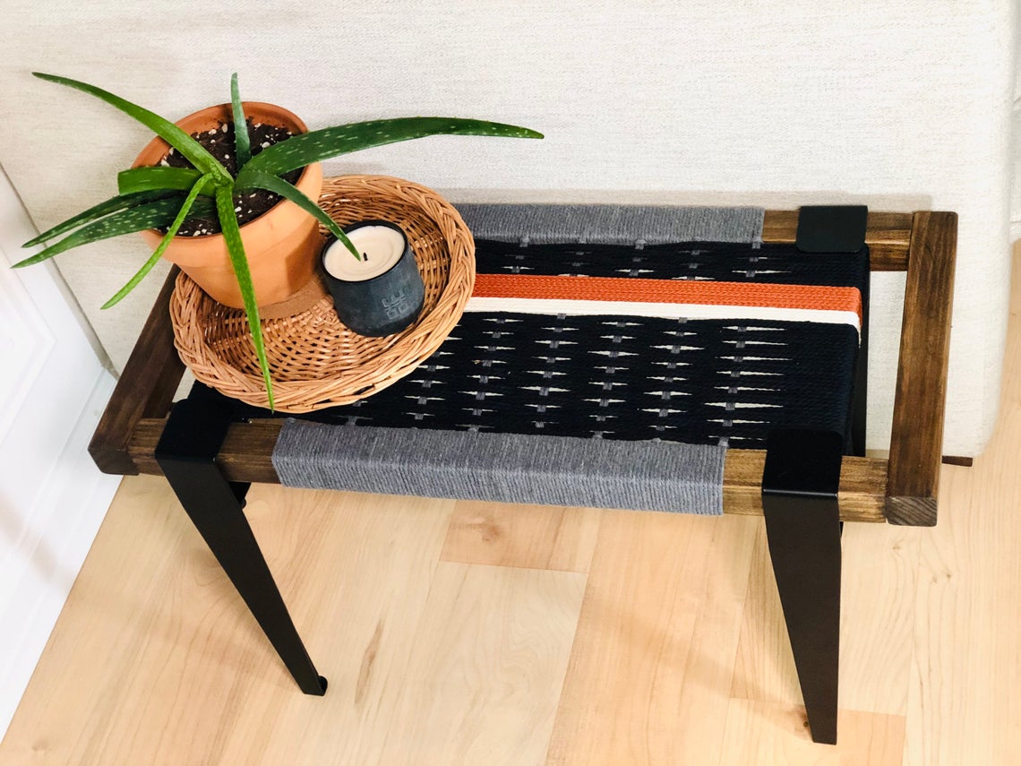 Mid Century Bench | Custom Size Woven Entryway Seating With Matte Black Legs