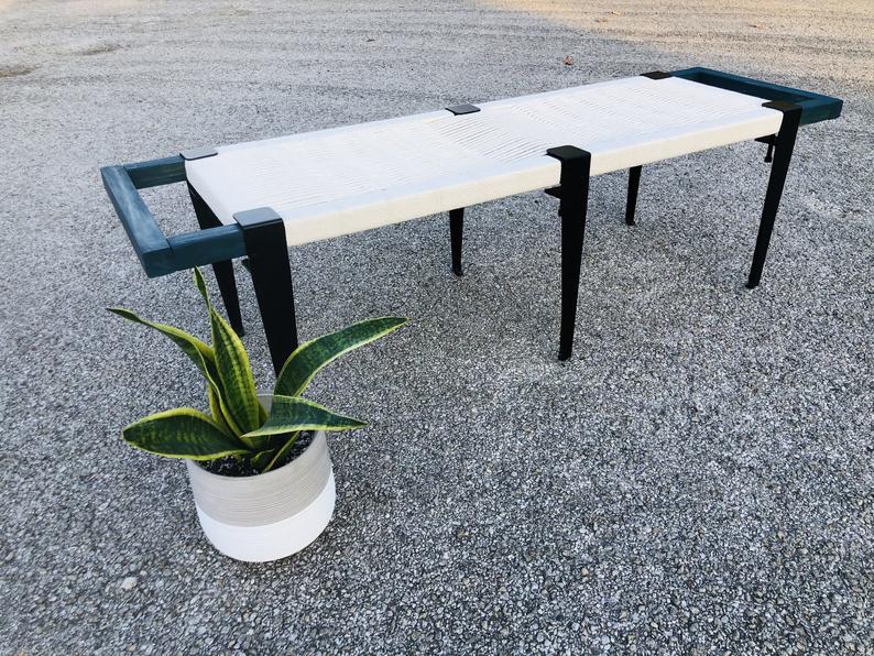 Mid Century Bench | Custom Size Woven Entryway Seating With Matte Black Legs
