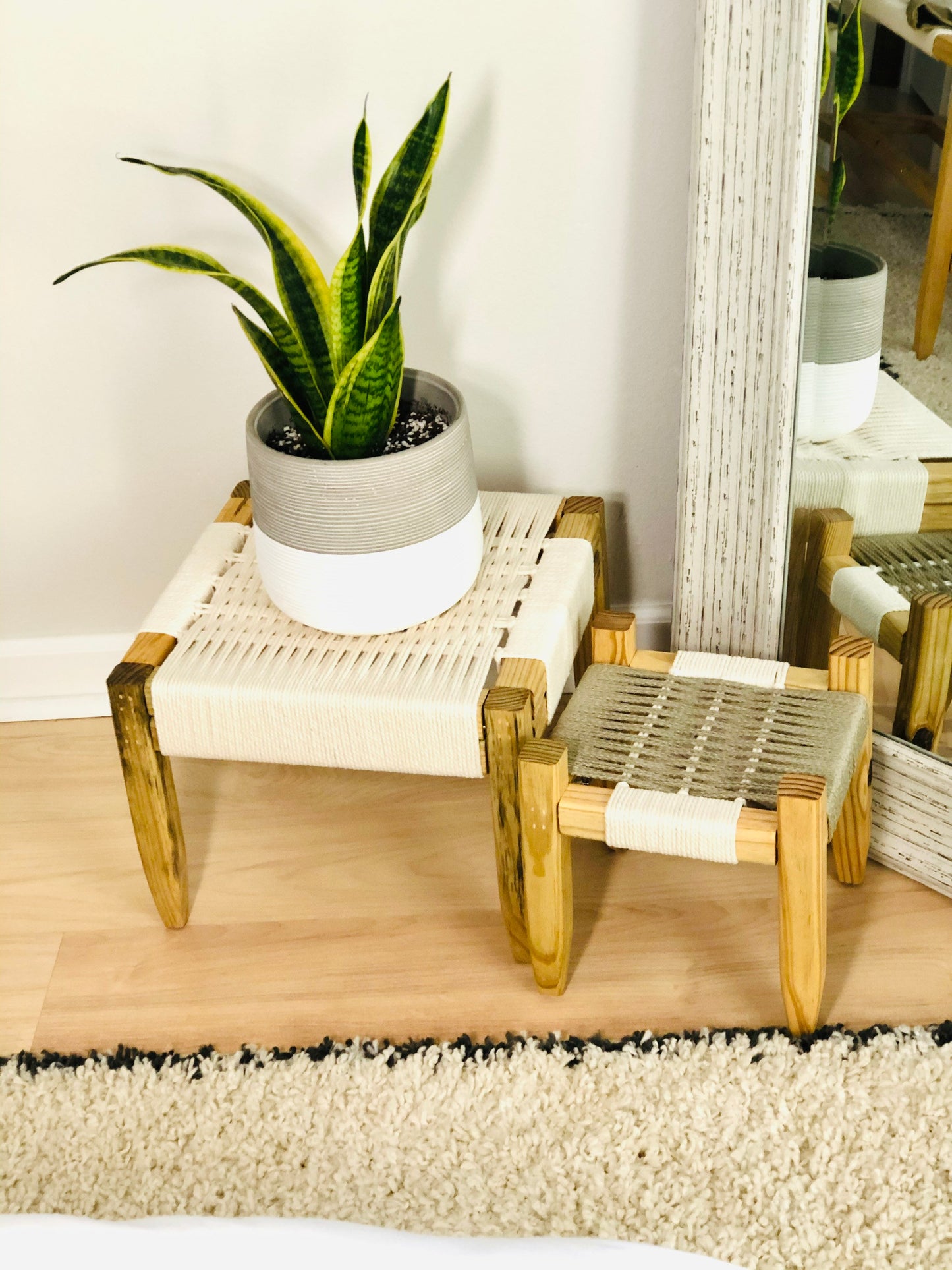 Mid-Century Modern Style Woven Indoor Plant Stands (set of 2)