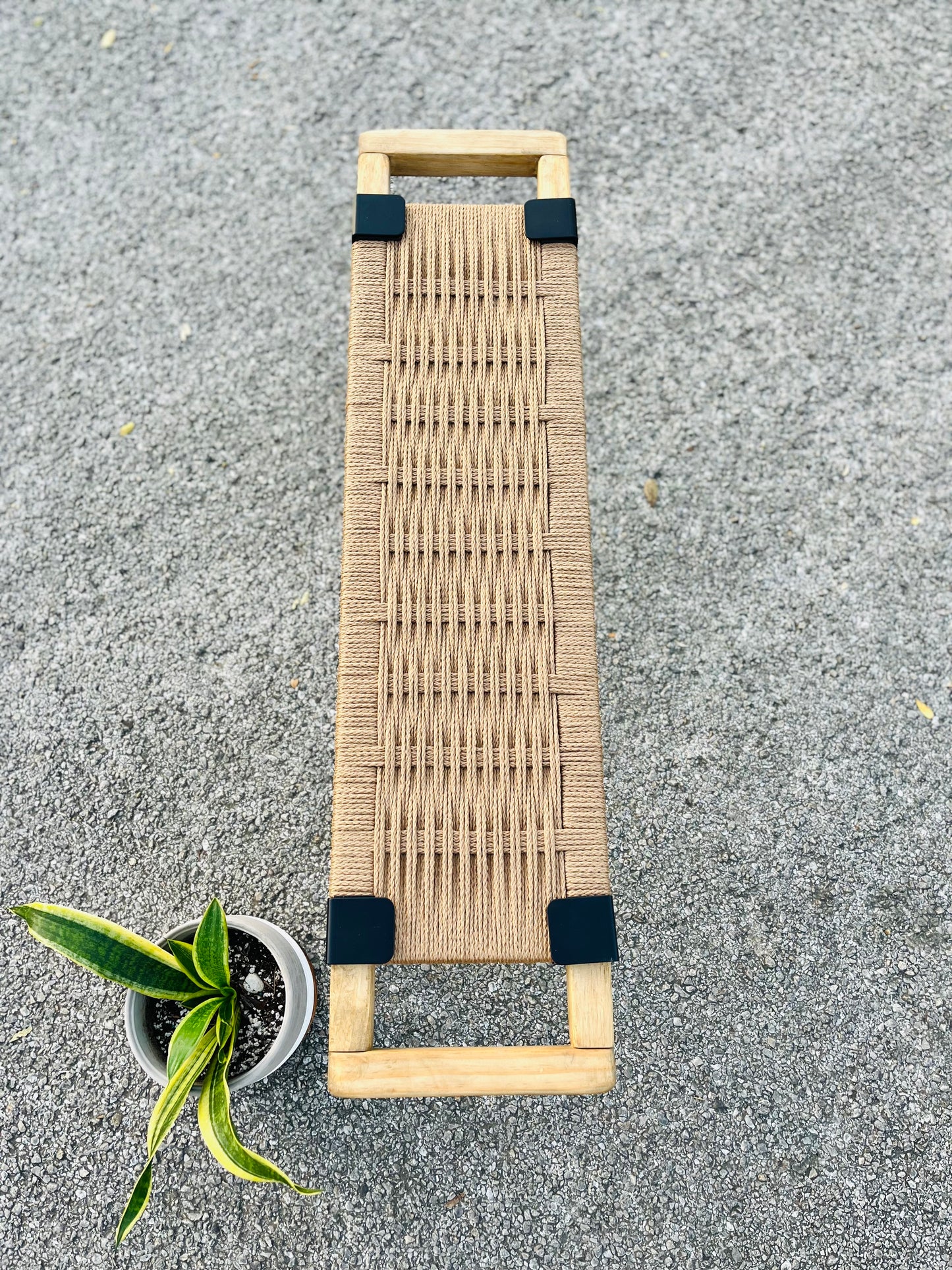 Mid Century Bench | Custom Size Woven Entryway Seating With Matte Black Legs