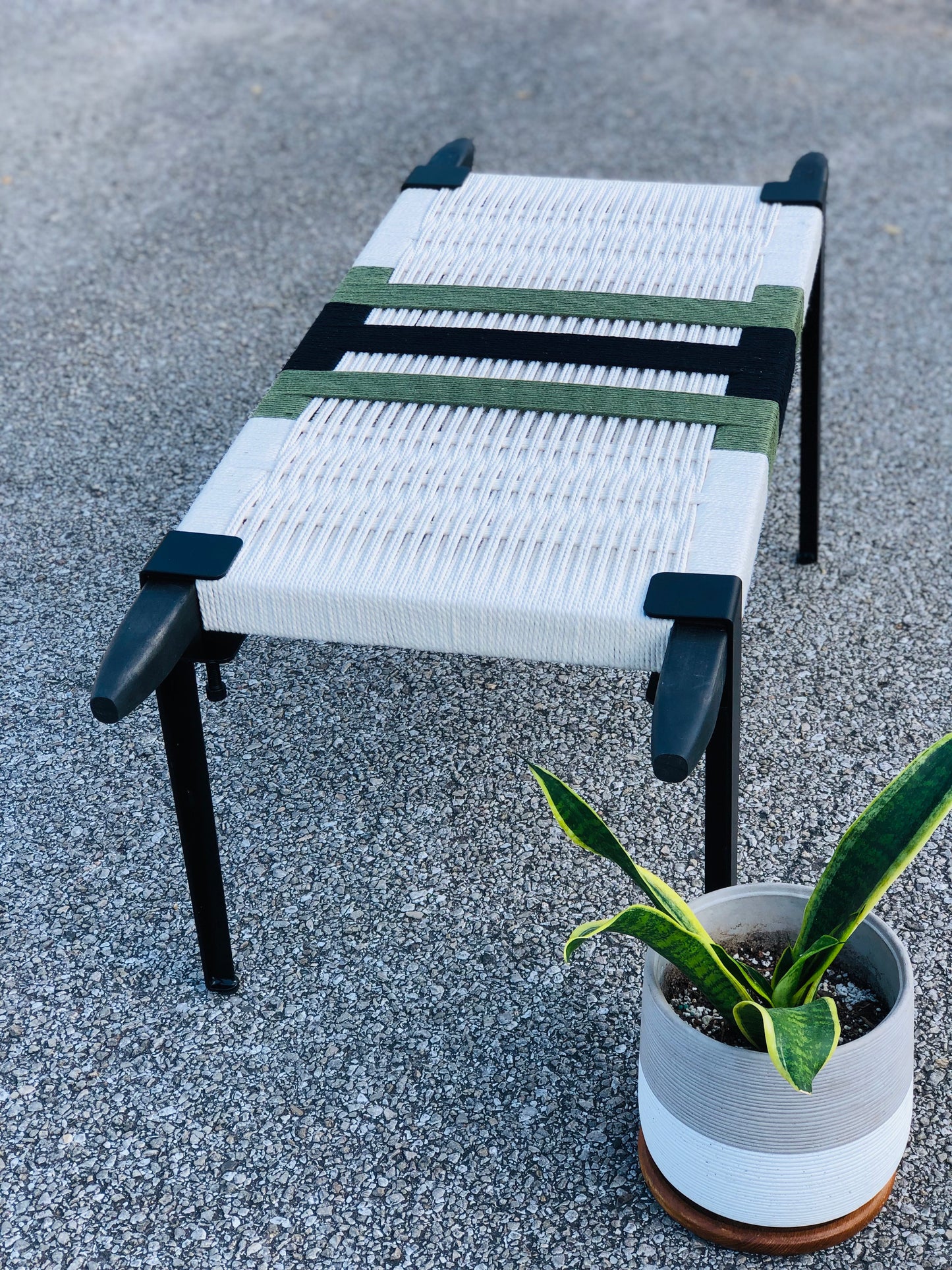 Mid Century Bench | Custom Size Woven Entryway Seating With Matte Black Legs