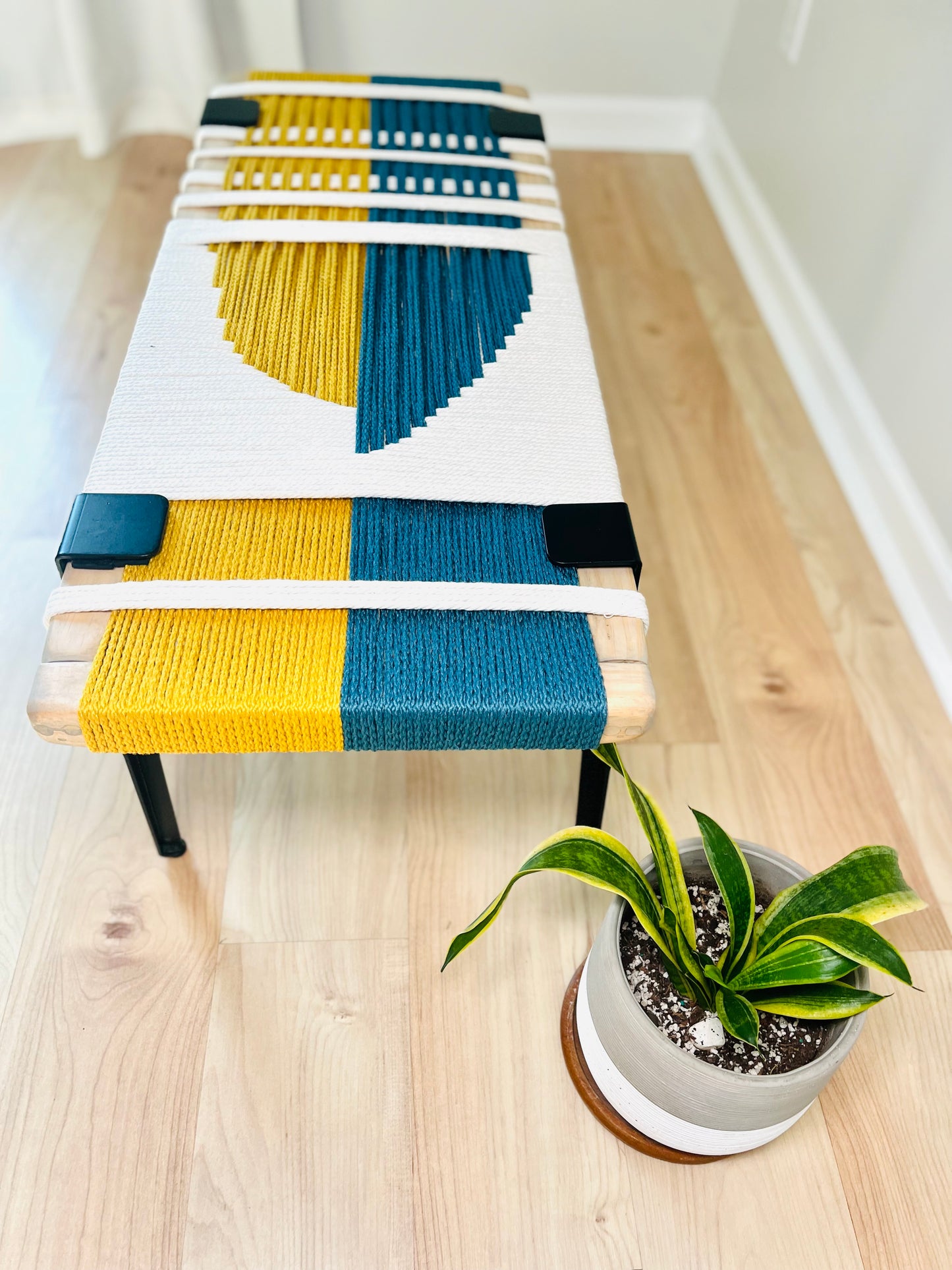 Mid Century Bench | Custom Size Woven Entryway Seating With Matte Black Legs