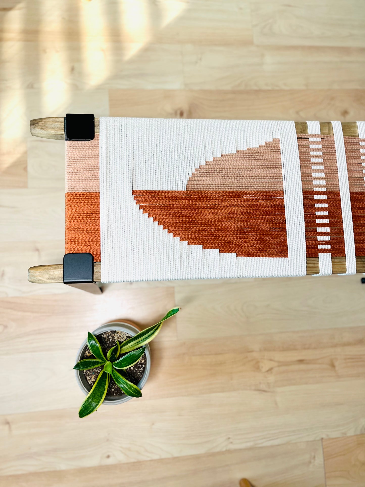 Mid Century Bench | Custom Size Woven Entryway Seating With Matte Black Legs