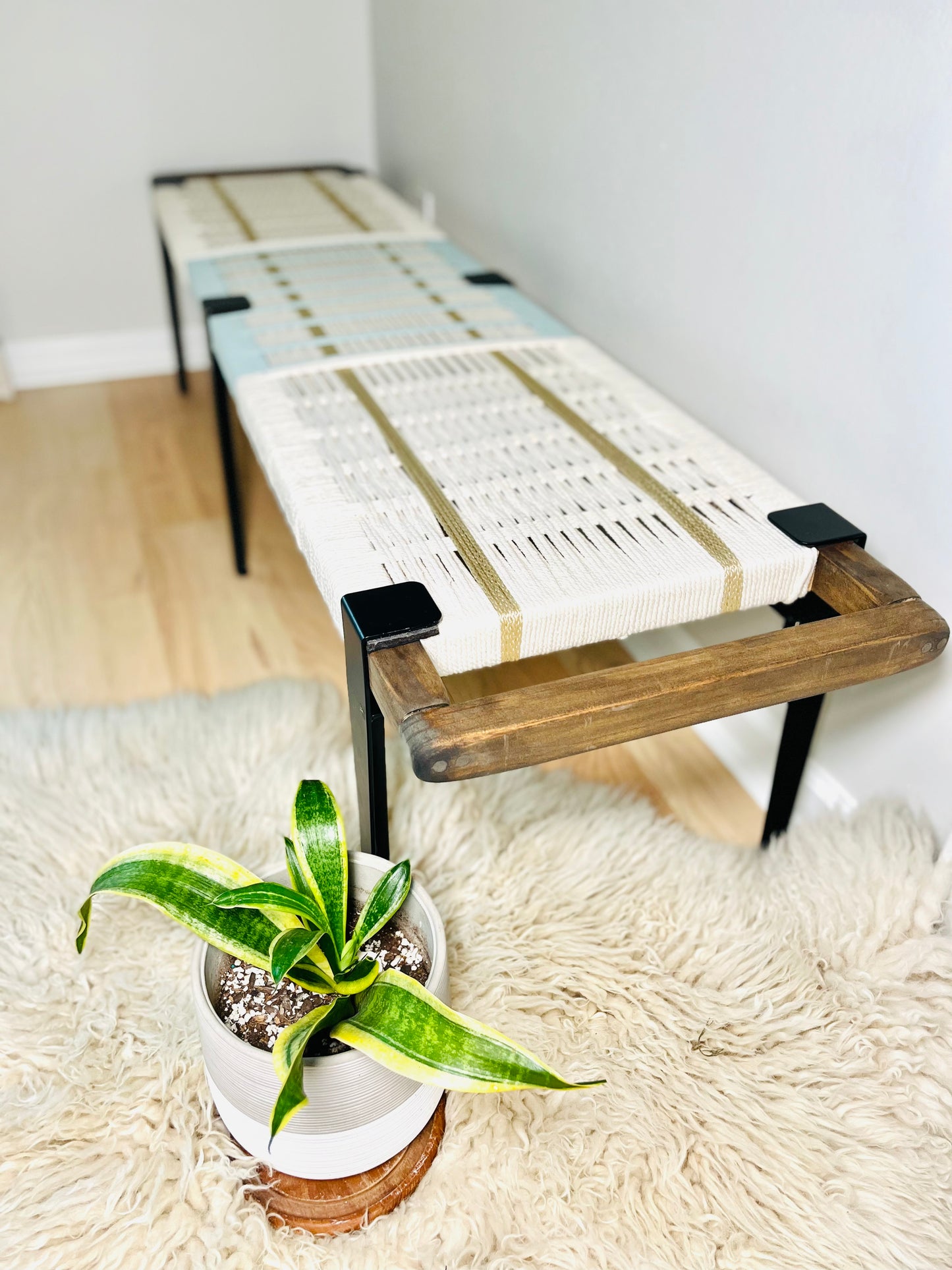 Mid Century Bench | Custom Size Woven Entryway Seating With Matte Black Legs