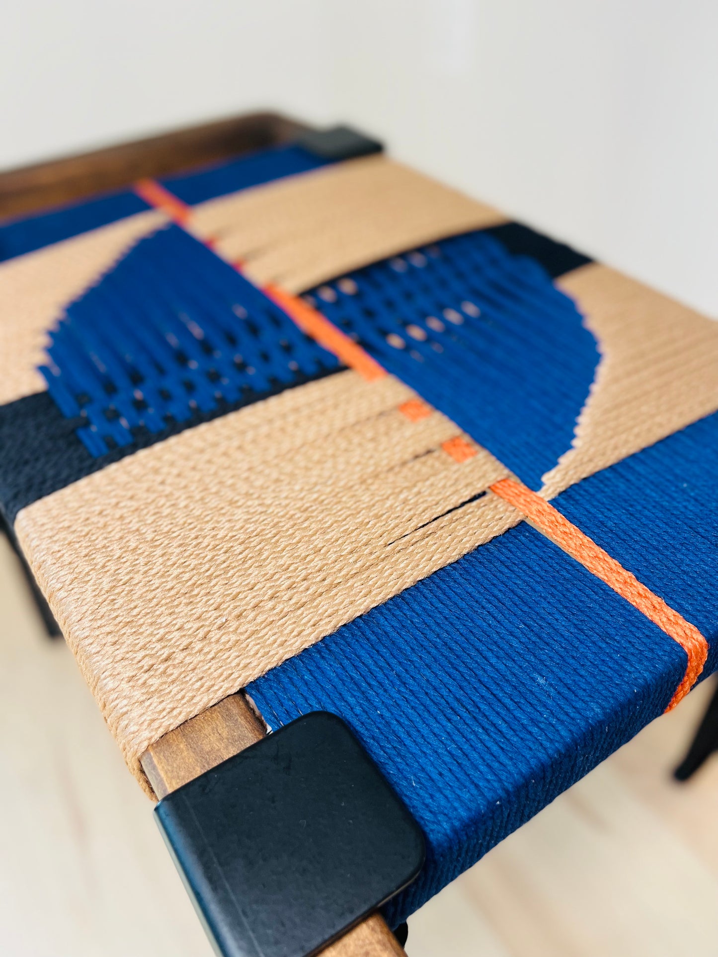 Mid Century Bench | Custom Size Woven Entryway Seating With Matte Black Legs