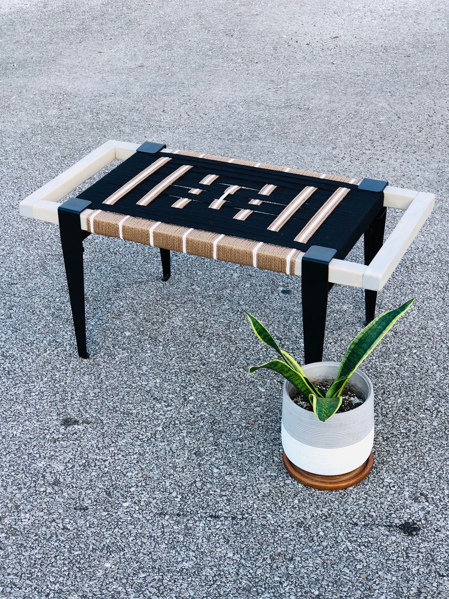 Mid Century Bench | Custom Size Woven Entryway Seating With Matte Black Legs