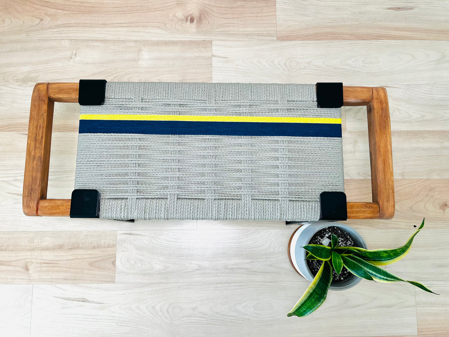 Mid Century Bench | Custom Size Woven Entryway Seating With Matte Black Legs