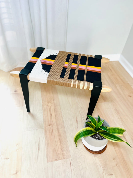 Mid Century Bench | Custom Size Woven Entryway Seating With Matte Black Legs