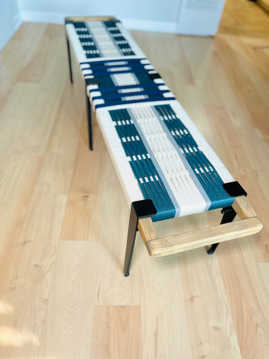 Mid Century Bench | Custom Size Woven Entryway Seating With Matte Black Legs