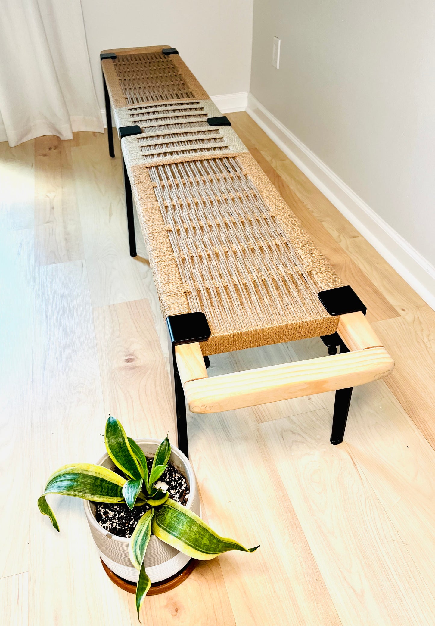Mid Century Bench | Custom Size Woven Entryway Seating With Matte Black Legs