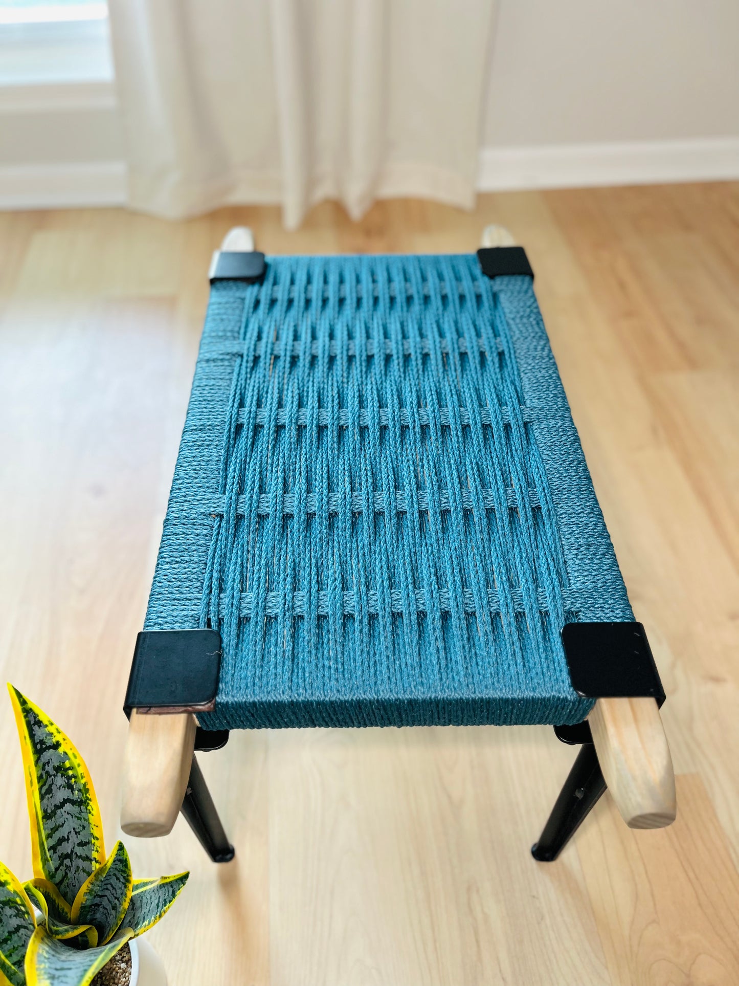 Mid Century Bench | Custom Size Woven Entryway Seating With Matte Black Legs