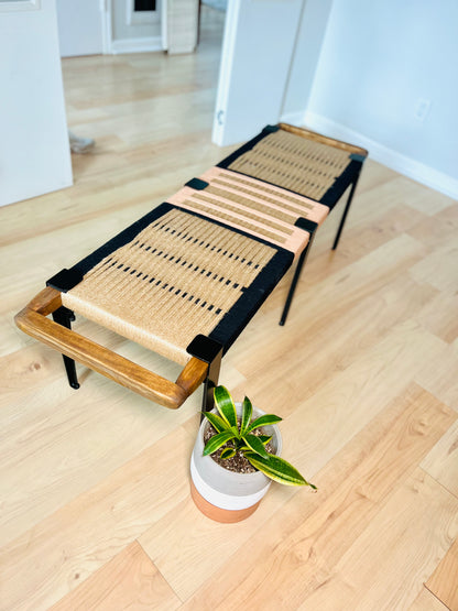 Mid Century Bench | Custom Size Woven Entryway Seating With Matte Black Legs