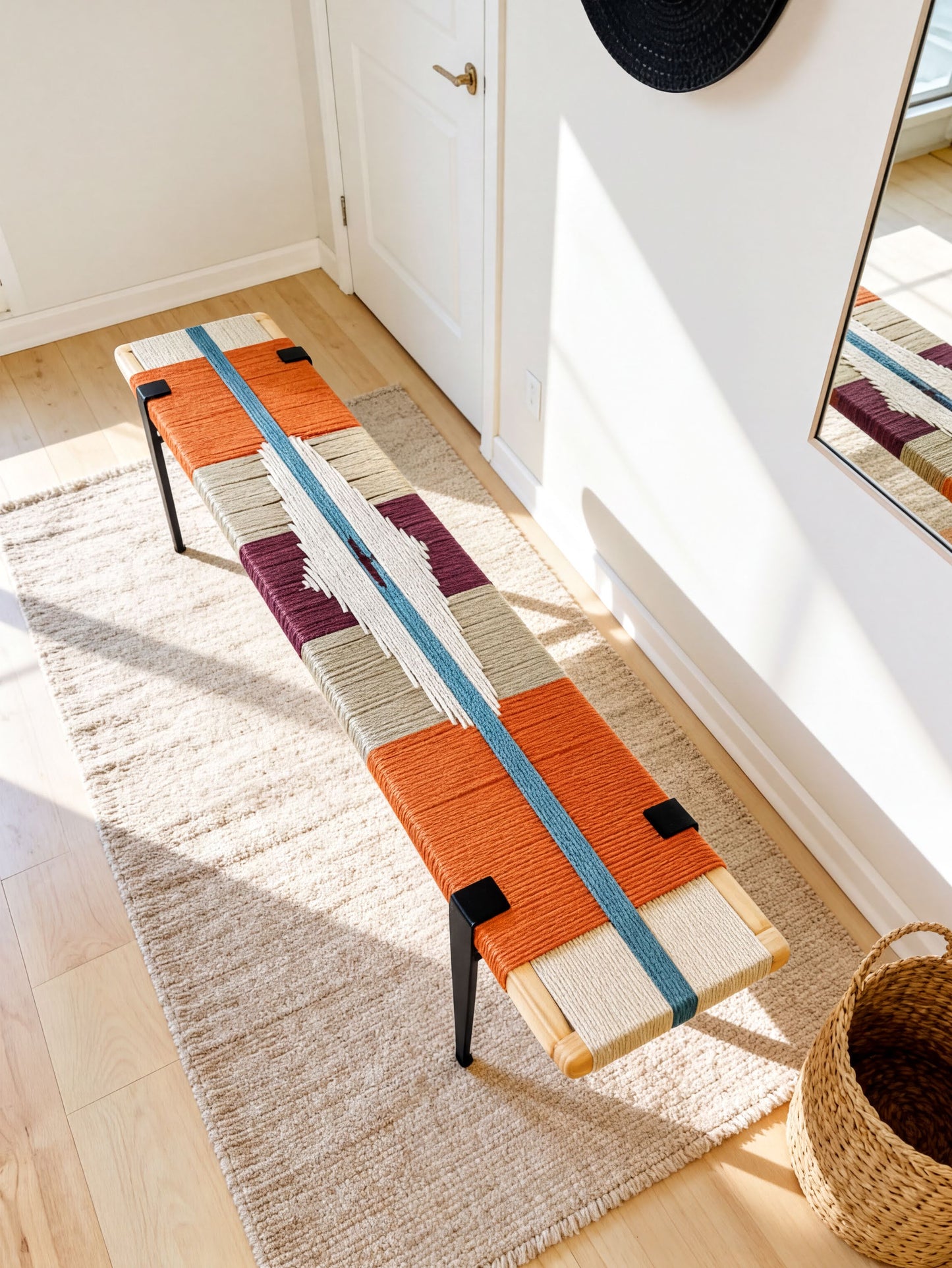 a colorful bench with a woven seat and legs, placed on a rug in a room with a white door and a mirror on the wall.