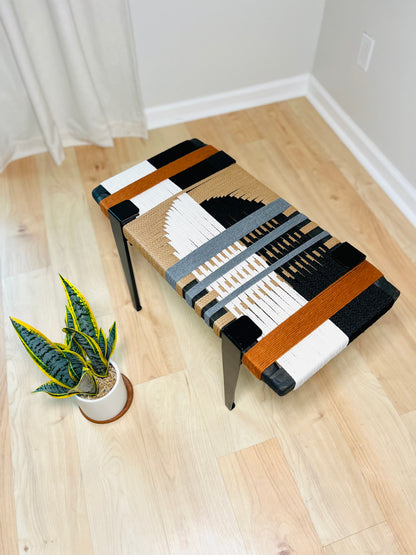 Mid Century Bench | Custom Size Woven Entryway Seating With Matte Black Legs
