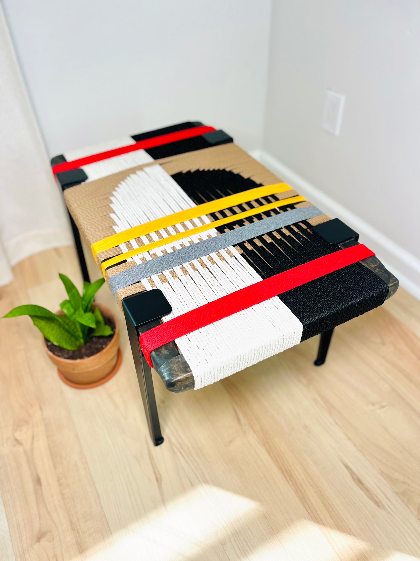 Mid Century Bench | Custom Size Woven Entryway Seating With Matte Black Legs