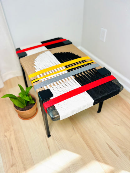 Mid Century Bench | Custom Size Woven Entryway Seating With Matte Black Legs