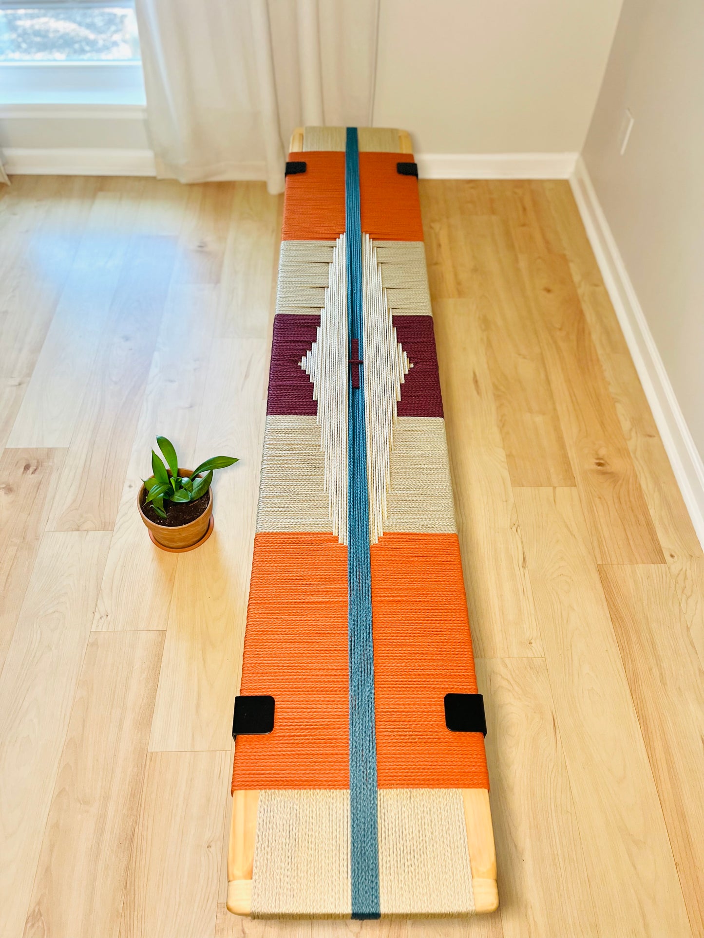 Mid Century Bench | Custom Size Woven Entryway Seating With Matte Black Legs