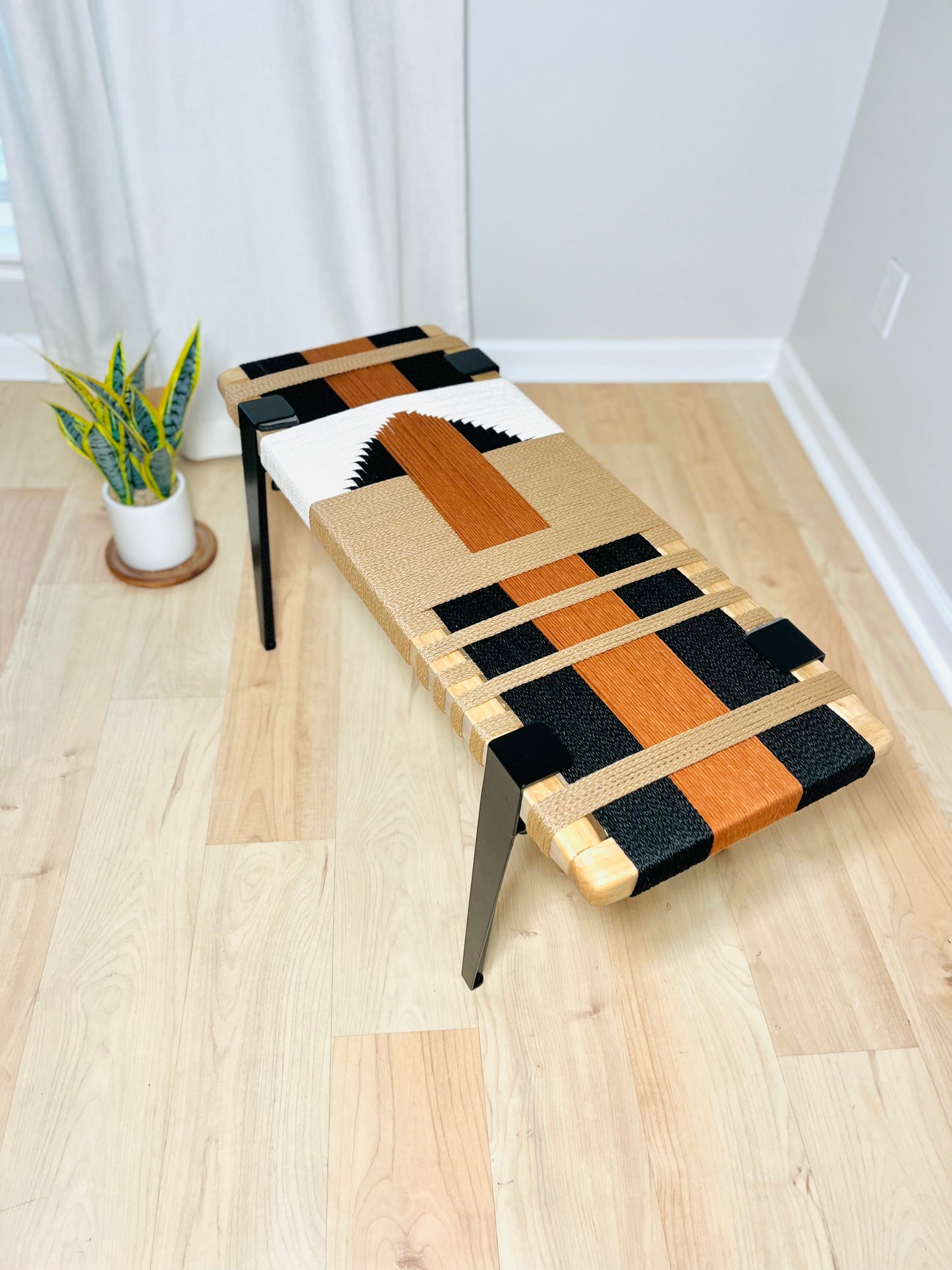 Mid Century Bench | Custom Size Woven Entryway Seating With Matte Black Legs
