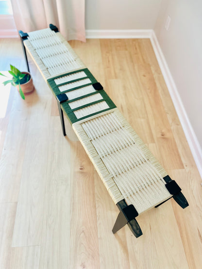 Mid Century Bench | Custom Size Woven Entryway Seating With Matte Black Legs